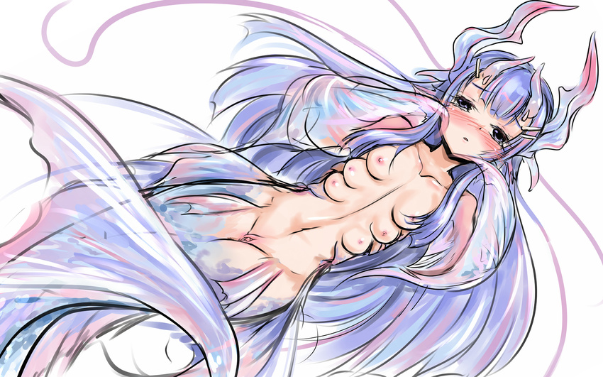 1girl blue_eyes blue_hair blush breasts clitoris collarbone eatbara extra_breasts female fin fins highres long_hair looking_at_viewer mermaid monster_girl multiple_breasts navel nipples nude original parted_lips pussy simple_background small_breasts solo uncensored vagina white_background