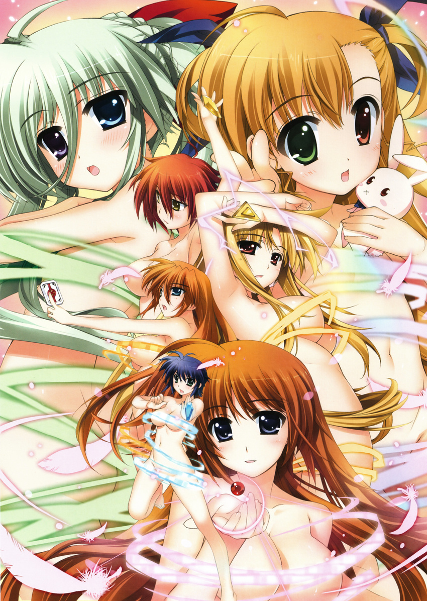 absurdres bardiche barefoot blonde_hair blue_eyes breasts brown_hair cross_mirage einhart_stratos fate_testarossa feathers fujima_takuya green_eyes green_hair heterochromia highres large_breasts lyrical_nanoha mach_caliber mahou_shoujo_lyrical_nanoha_vivid multiple_girls navel nove_(nanoha) nude numbers_(nanoha) orange_hair purple_eyes raising_heart red_eyes red_hair sacred_heart scan subaru_nakajima takamachi_nanoha teana_lanster vivio yellow_eyes