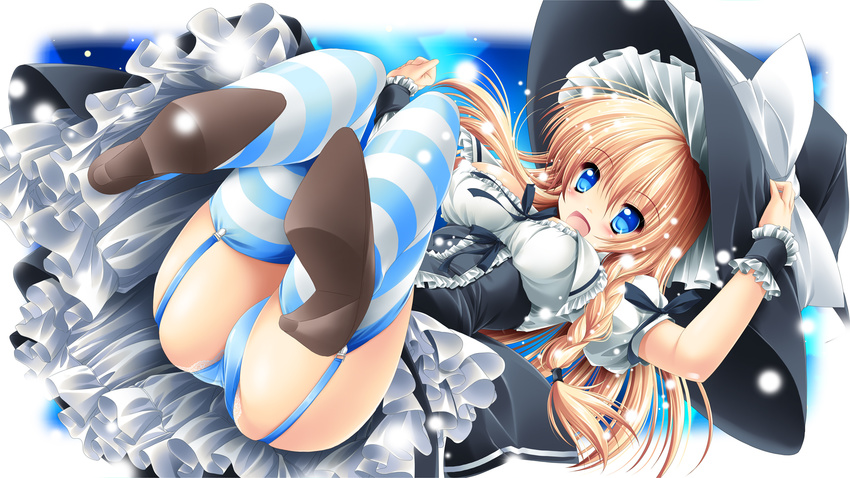 :d ass blonde_hair blue_eyes blue_panties breasts cleavage garter_straps hat highres kamiya_tomoe kirisame_marisa lace lace-trimmed_panties medium_breasts open_mouth panties shoes smile solo striped striped_legwear thighhighs touhou underwear upskirt witch_hat wrist_cuffs