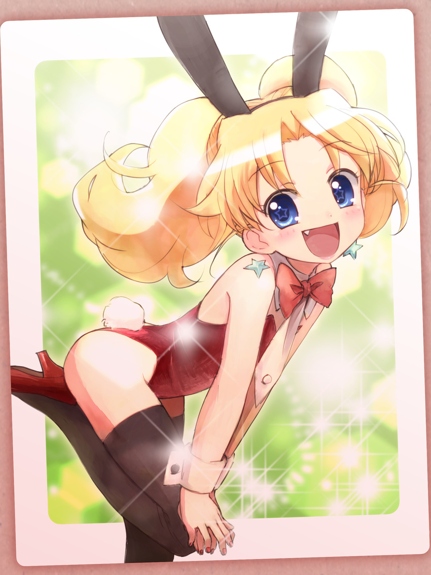:d animal_ears blue_eyes blush bow bowtie bunny_ears bunny_tail bunnysuit earrings fake_animal_ears fake_tail fang high_heels highres jewelpet_(series) jewelpet_twinkle jewelry miria_marigold_mackenzie nail_polish nyama open_mouth shoes smile solo star star-shaped_pupils star_earrings symbol-shaped_pupils tail thighhighs wrist_cuffs