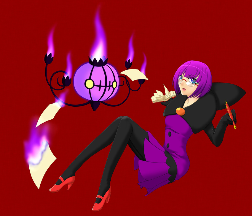 blue_eyes book chandelure elite_four fire glasses gloves high_heels highres lipstick makeup pantyhose pokemon purple_fire purple_hair red_shoes shikimi_(pokemon) shoes short_hair