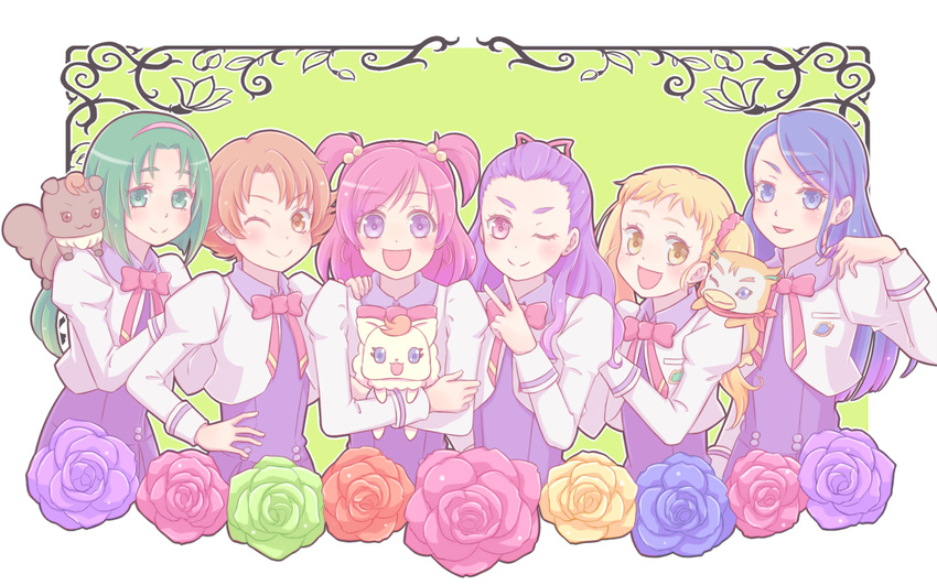 akimoto_komachi bad_id bad_pixiv_id blonde_hair blue_eyes blue_flower blue_hair blue_rose blue_skirt check_(check_book) coco_(yes!_precure_5) eyelashes flower green_background green_eyes green_flower green_hair green_rose hairband kasugano_urara_(yes!_precure_5) l'ecole_des_cinq_lumieres_school_uniform long_hair milk_(yes!_precure_5) mimino_kurumi minazuki_karen multiple_girls natsuki_rin nuts_(yes!_precure_5) one_eye_closed orange_eyes orange_flower orange_hair orange_rose pink_eyes pink_flower pink_hair pink_rose precure purple_eyes purple_flower purple_hair purple_rose rose school_uniform short_hair skirt smile syrup_(yes!_precure_5) twintails two_side_up v yellow_eyes yellow_flower yellow_rose yes!_precure_5 yes!_precure_5_gogo! yumehara_nozomi