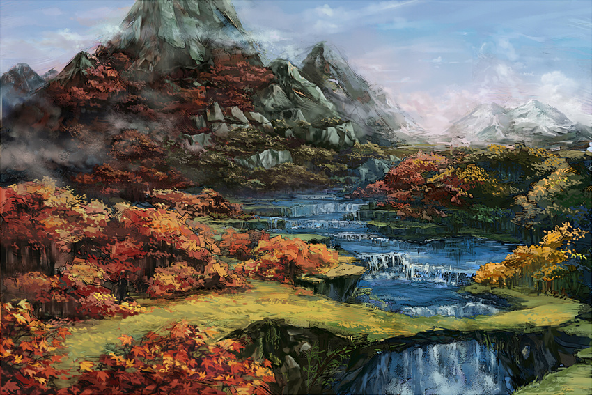 faux_traditional_media fog forest horizon landscape mountain mountain_of_faith nature no_humans river scenery touhou water waterfall youkai_mountain