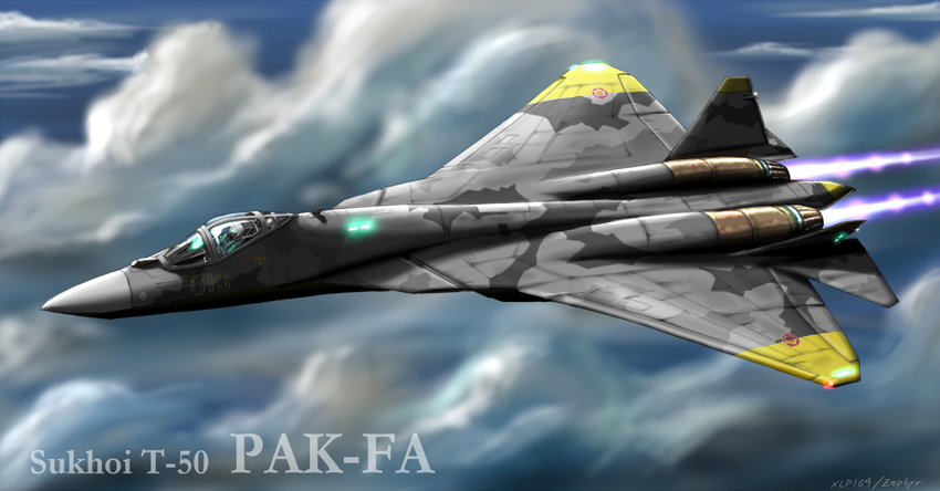 ace_combat_04 afterburner aircraft airplane artist_name cloud cockpit fighter_jet flying helmet jet military military_vehicle no_humans pilot_suit realistic su-57 yellow_13 yellow_squadron zephyr164