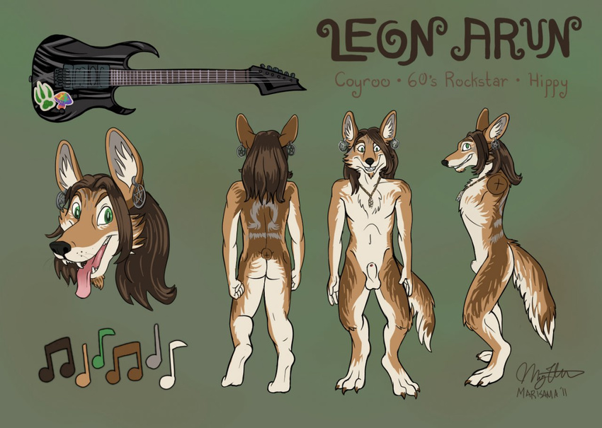 balls canine coyote green_eyes guitar hair hybrid kangaroo leon long_hair male mammal marisama marsupial nude penis plain_background sheath tongue tongue_out