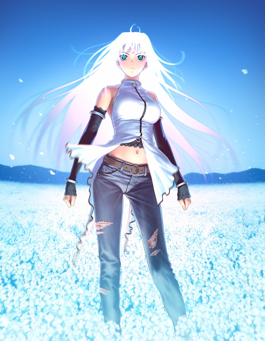 aozaki_aoko belt blue_eyes blurry denim depth_of_field elbow_gloves game_cg gloves glowing glowing_hair highres jeans koyama_hirokazu long_hair mahou_tsukai_no_yoru midriff navel pants solo spoilers torn_clothes torn_jeans torn_pants white_hair