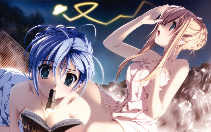 :o absurdres bare_shoulders blonde_hair blue_eyes blue_hair book breasts character_request cleavage collarbone dutch_angle est_fragrance flashlight green_eyes hair_bun highres holding kashimashi_communication kuroki_madoka long_hair medium_breasts mouth_hold multiple_girls naked_towel night night_sky nude onsen open_book open_mouth outdoors profile reading senomoto_hisashi sidelocks sky small_breasts star_(sky) towel tree