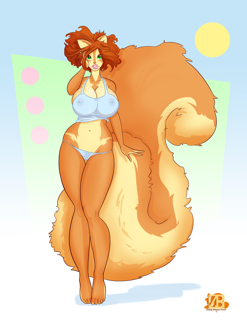 absurd_res anthro big_breasts big_tail breasts brown brown_fur brown_hair cleavage clothed clothing female fluffy fluffy_tail freckles fur green_eyes hair hi_res hindpaw huge_breasts lips long_legs mammal navel nipples panties paws penny_flynn rodent short_hair simple_background skimpy solo squirrel thighs underwear voluptuous white wide_hips zaftigbunnypress