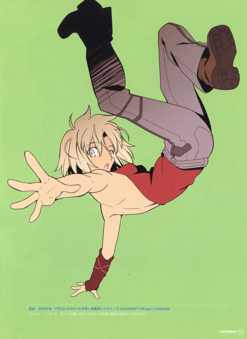 428 backless_outfit bare_shoulders blonde_hair brown_eyes canaan canaan_(character) falling highres short_hair sleeveless sleeveless_turtleneck solo takeuchi_takashi tan turtleneck