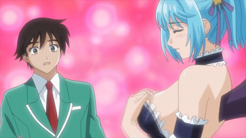 00s 1boy 1girl animated animated_gif aono_tsukune blood blue_hair bouncing_breasts breasts demon_girl flashing kurono_kurumu large_breasts maid nipples nosebleed rosario+vampire short_hair succubus undressing wings