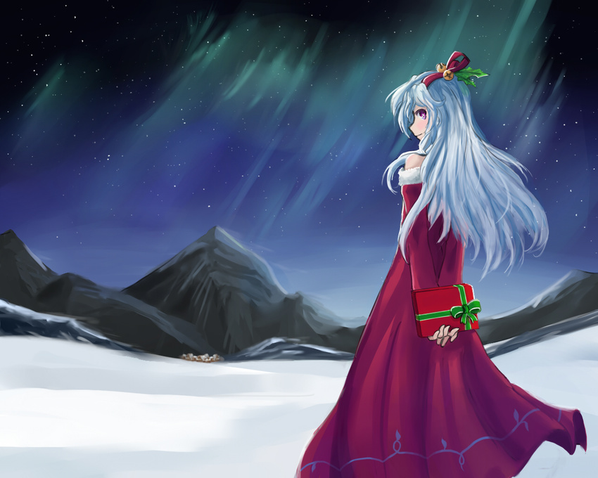 arceonn aurora bare_shoulders bell blue_hair christmas detached_sleeves dress from_behind gift hair_bell hair_ornament hair_ribbon holly landscape long_dress long_hair looking_back mountain original purple_eyes ribbon sky snow solo star_(sky) starry_sky village