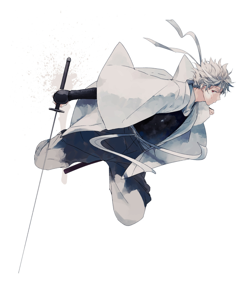 gintama hakama headband highres holding japanese_clothes joui katana male_focus red_eyes sakata_gintoki silver_hair simple_background solo sword urahara weapon white_background