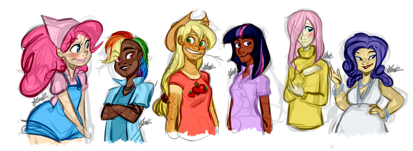 applejack badpirate bandana blonde_hair blue_eyes bracelet crossed_arms dark_skin earrings everyone eyeshadow fluttershy freckles green_eyes hair_over_one_eye hand_on_hip hat highres jewelry lips long_hair low-tied_long_hair makeup mohawk multicolored_hair multiple_girls my_little_pony my_little_pony_friendship_is_magic overalls personification pink_eyes pink_hair pinkie_pie purple_hair rainbow_dash rainbow_hair rarity signature smile standing sweater tan tanline twilight_sparkle