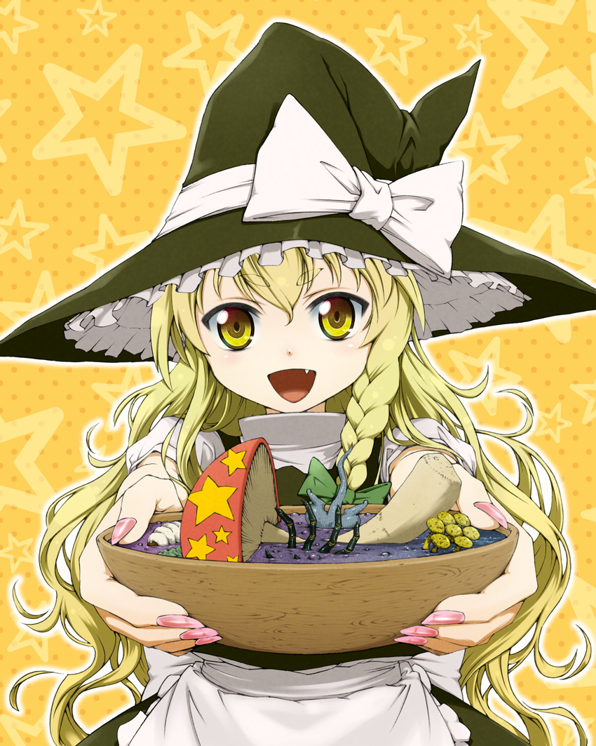 apron bad_food blonde_hair bow bowl braid fang feeding fingernails fingers food frills hands hat hat_bow hat_ribbon highres kirisame_marisa long_hair mushroom nail_polish open_mouth orange_background polka_dot polka_dot_background pov_feeding ribbon smile solo soup star starry_background touhou waist_apron wavy_hair white_bow white_ribbon witch_hat worms yellow_eyes youkann00