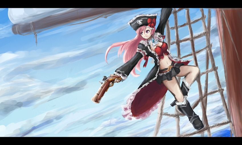 antique_firearm arceonn boots bow breasts bustier captain_liliana firearm firelock flared_muzzle flintlock frills gun hair_bow handgun hat jolly_roger knee_boots large_breasts letterboxed long_coat long_hair microskirt midriff navel pink_eyes pink_hair pirate pirate_hat pistol queen's_blade queen's_blade_rebellion ship skirt skull_and_crossed_swords solo watercraft weapon