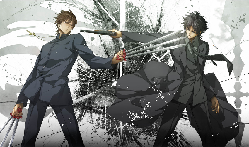 aiming bad_id bad_pixiv_id between_fingers black_hair black_jacket black_keys brown_eyes brown_hair cigarette cross cross_necklace dual_wielding emiya_kiritsugu facial_hair fate/zero fate_(series) formal gun habit highres holding jacket jewelry komecchi kotomine_kirei looking_at_another male_focus mexican_standoff multiple_boys multiple_swords necklace necktie parted_lips serious smoke stubble suit weapon