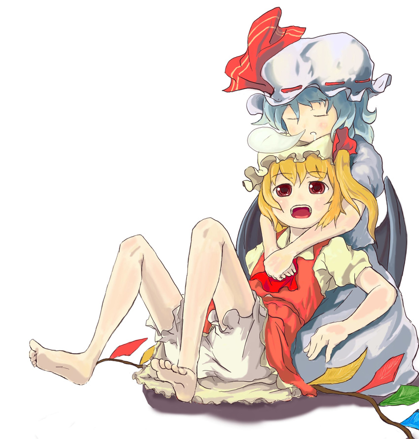 absurdres barefoot blonde_hair bloomers blue_hair feet flandre_scarlet gigokku hat highres hug multiple_girls red_eyes remilia_scarlet ribbon saliva siblings sisters sleeping touhou underwear white_bloomers wings