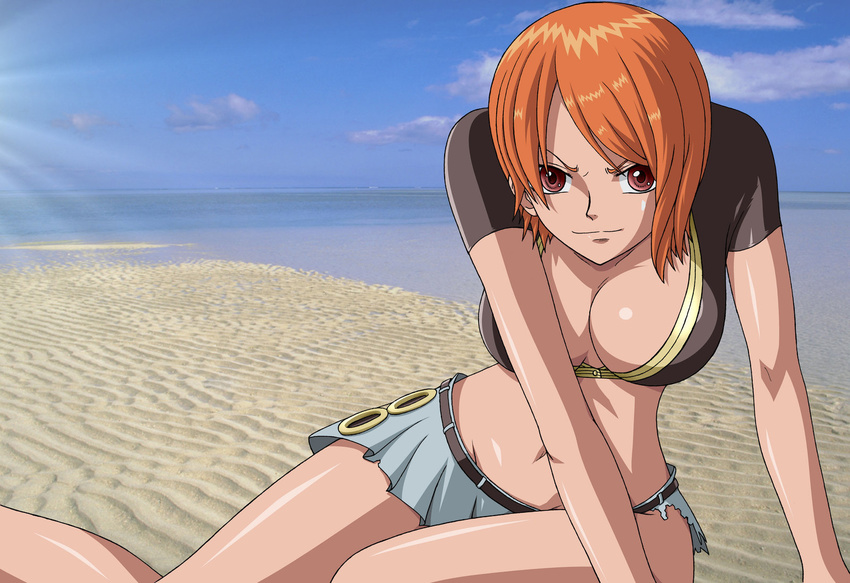 artist_request beach breasts cleavage cloud day highres large_breasts nami_(one_piece) ocean one_piece orange_hair outdoors red_eyes short_hair skirt sky solo torn_clothes wallpaper wide_hips