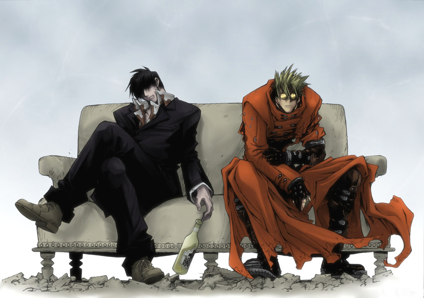 black_hair blonde_hair blood boots bottle colorized couch crossed_legs death glasses male_focus multiple_boys naitou_yasuhiro nicholas_d_wolfwood sitting spoilers sunglasses trench_coat trigun trigun_maximum vash_the_stampede