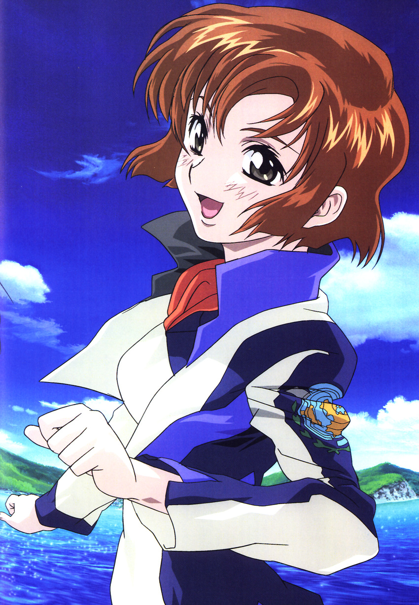 black_eyes brown_hair highres hirai_hisashi scan short_hair solo soukyuu_no_fafner toomi_maya uniform water