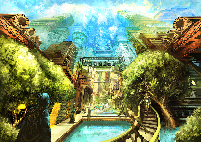 city copyright_request fantasy scenery shukei skyscraper stairs tree water