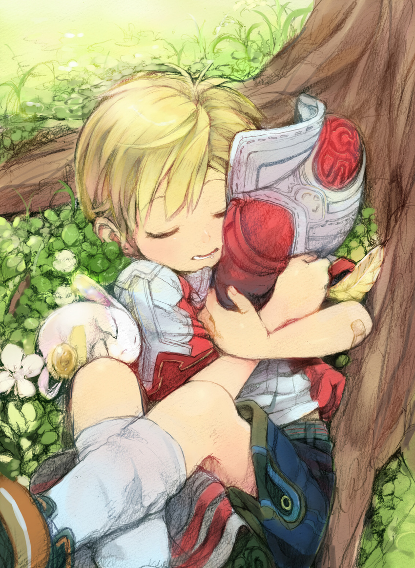 bandaid_on_arm bangs blonde_hair blue_eyes blue_shorts child closed_eyes creature crossed_ankles day drooling elebits facing_viewer feathers feet_out_of_frame flower from_above grass hat hat_removed headwear_removed highres legs_up lying male_focus nature object_hug on_back on_ground parted_lips saliva shiogochi shoes short_sleeves shorts sleeping socks solo tree under_tree white_flower white_legwear