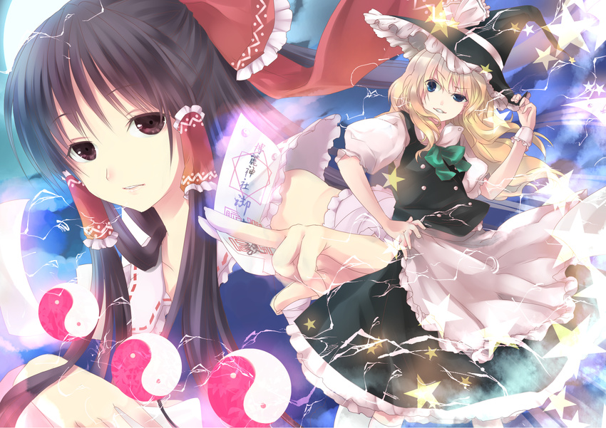 black_hair blonde_hair blue_eyes bow brown_eyes grin hair_bow hair_tubes hakurei_reimu hand_on_hip hat highres kirisame_marisa long_hair maryquant multiple_girls ofuda smile star touhou upper_body witch_hat wrist_cuffs yin_yang