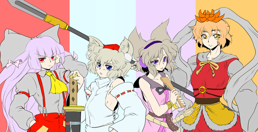 adjusting_hair animal_ears ascot bare_shoulders bishamonten's_spear blonde_hair blue_eyes bow danna_(karatekikku) detached_sleeves fujiwara_no_mokou hair_bow hair_ornament hair_ribbon hand_in_pocket hat headphones inubashiri_momiji long_hair multiple_girls pants polearm purple_eyes red_eyes ribbon ritual_baton shirt short_hair silver_hair sleeveless sleeveless_shirt spear suspenders sword tokin_hat toramaru_shou touhou toyosatomimi_no_miko weapon wolf_ears yellow_eyes