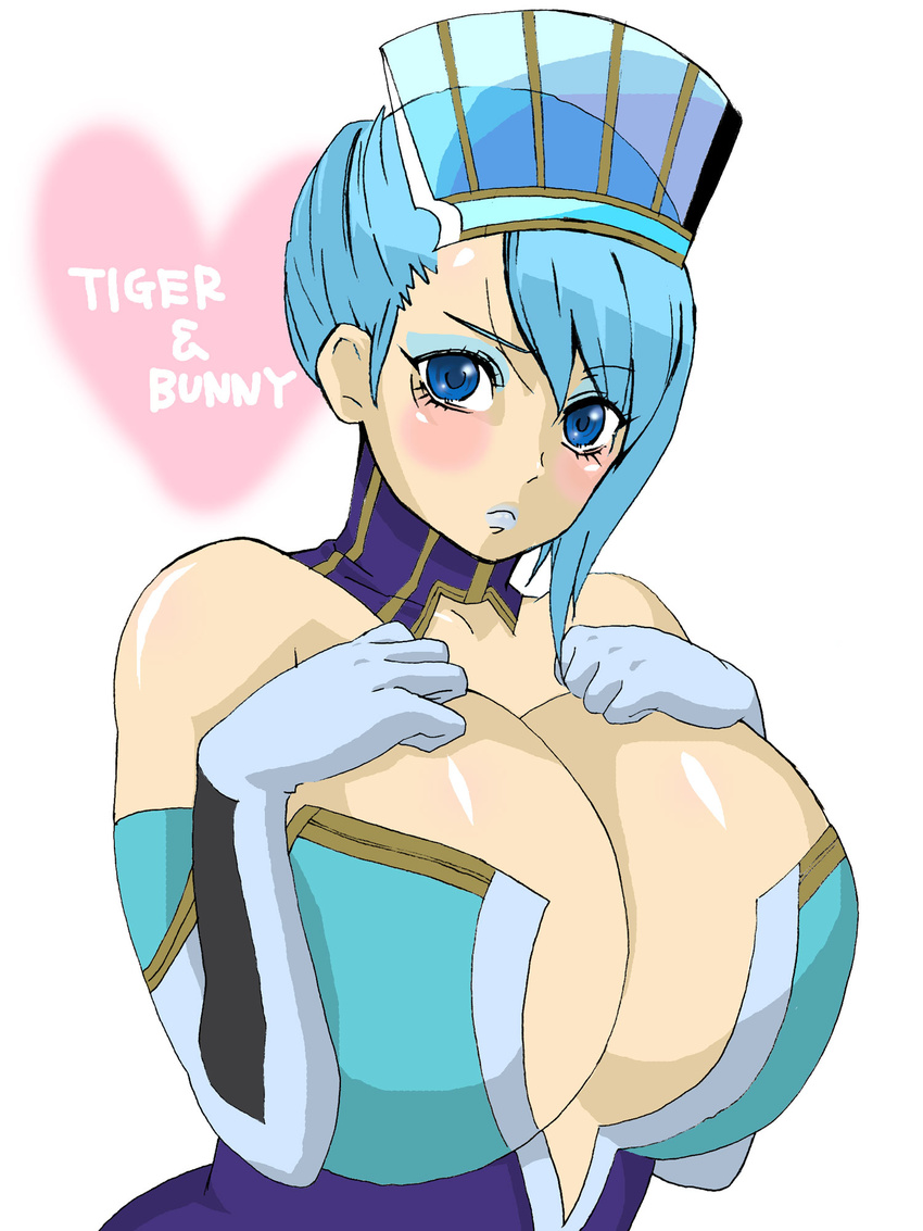 1girl blue_eyes blue_hair blue_rose_(tiger_&amp;_bunny) blush breast_suppress breasts cleavage highres huge_breasts tiger_&amp;_bunny