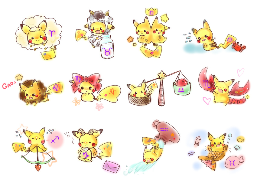 animal apple bow_(weapon) crab crown fish food fruit highres horns no_humans pikachu pokemon ribbon star tail vase weapon