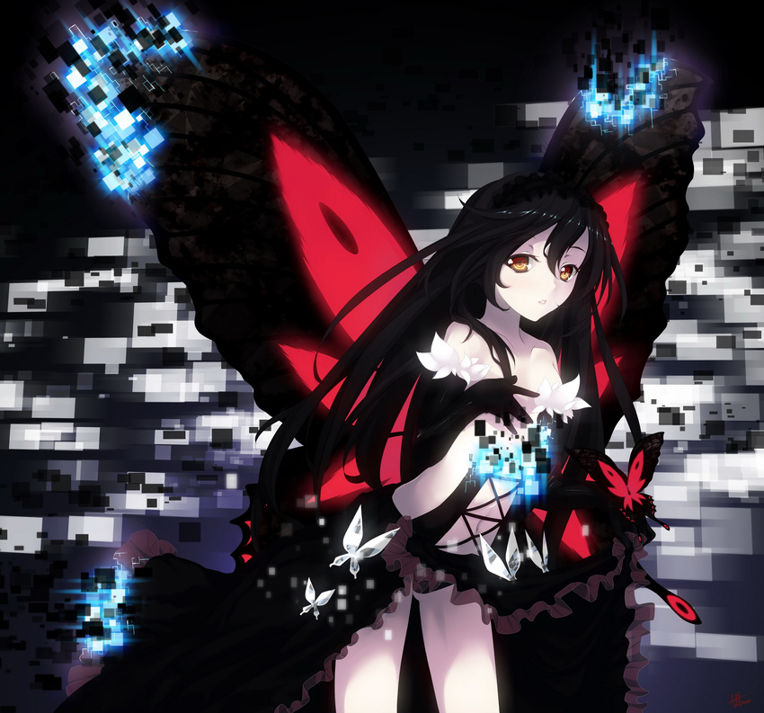 accel_world albreo black_hair bug butterfly butterfly_wings digital_dissolve dress elbow_gloves frills gloves gothic hairband highres insect kuroyukihime long_hair navel red_eyes solo wings