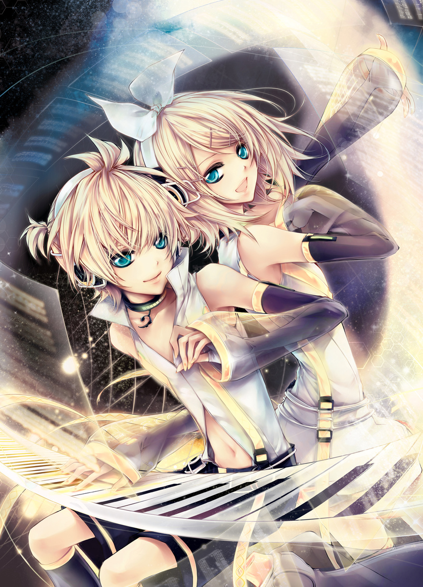 1girl aqua_eyes arm_warmers blonde_hair brother_and_sister detached_sleeves hair_ornament hair_ribbon hairclip headphones highres instrument kagamine_len kagamine_len_(append) kagamine_rin kagamine_rin_(append) keyboard_(instrument) leg_warmers ln music navel ribbon short_hair shorts siblings singing smile twins vocaloid vocaloid_append