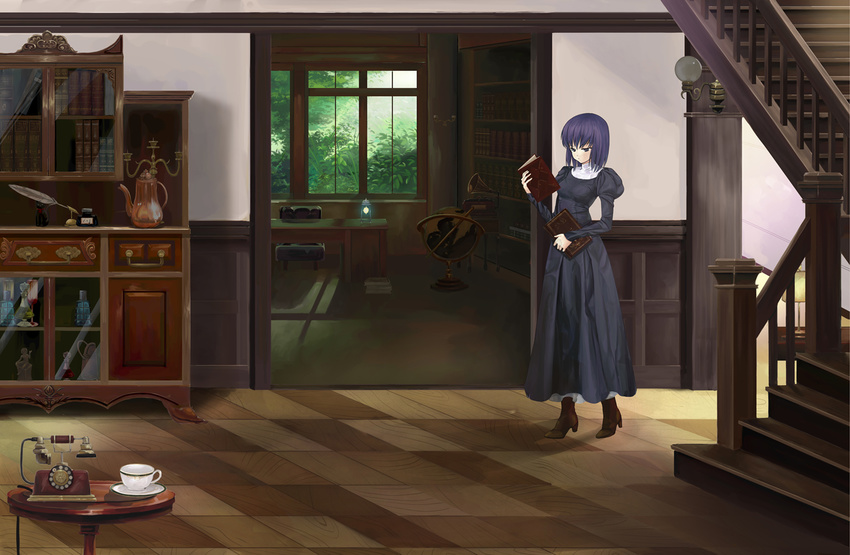 1girl bad_id bad_pixiv_id black_eyes black_hair book cup dress indoors kinoto_(ruindivinity) kuonji_alice mahou_tsukai_no_yoru phone photoshop_(medium) room scenery short_hair solo teacup