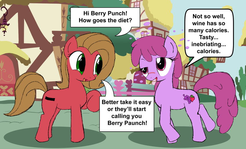 ask_pun berry_punch_(mlp) brown_hair building comic cutie_mark dialog english_text equine female fence feral friendship_is_magic green_eyes hair horse humor joke mammal my_little_pony pony pun pun_pony purple_eyes purple_hair text tumblr