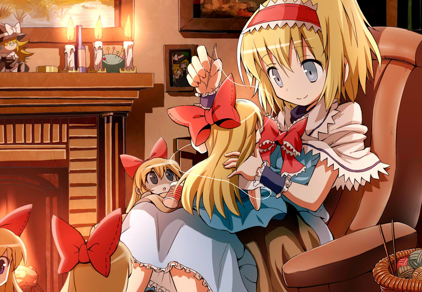 alice_margatroid blonde_hair blue_eyes bottle bow bowtie braid broom candle capelet chair character_doll doll fireplace givuchoko hair_bow hairband hat hat_bow holding_needle kirisame_marisa long_hair needle papas photo_(object) pincushion pins sewing shanghai_doll short_hair single_braid sitting smile solo spool touhou when_you_see_it witch_hat wrist_cuffs yarn yarn_ball
