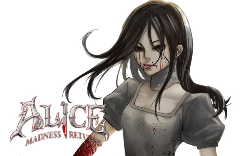 alice:_madness_returns alice_(wonderland) american_mcgee's_alice bad_id bad_pixiv_id blood copyright_name dress genichikou knife red_eyes solo