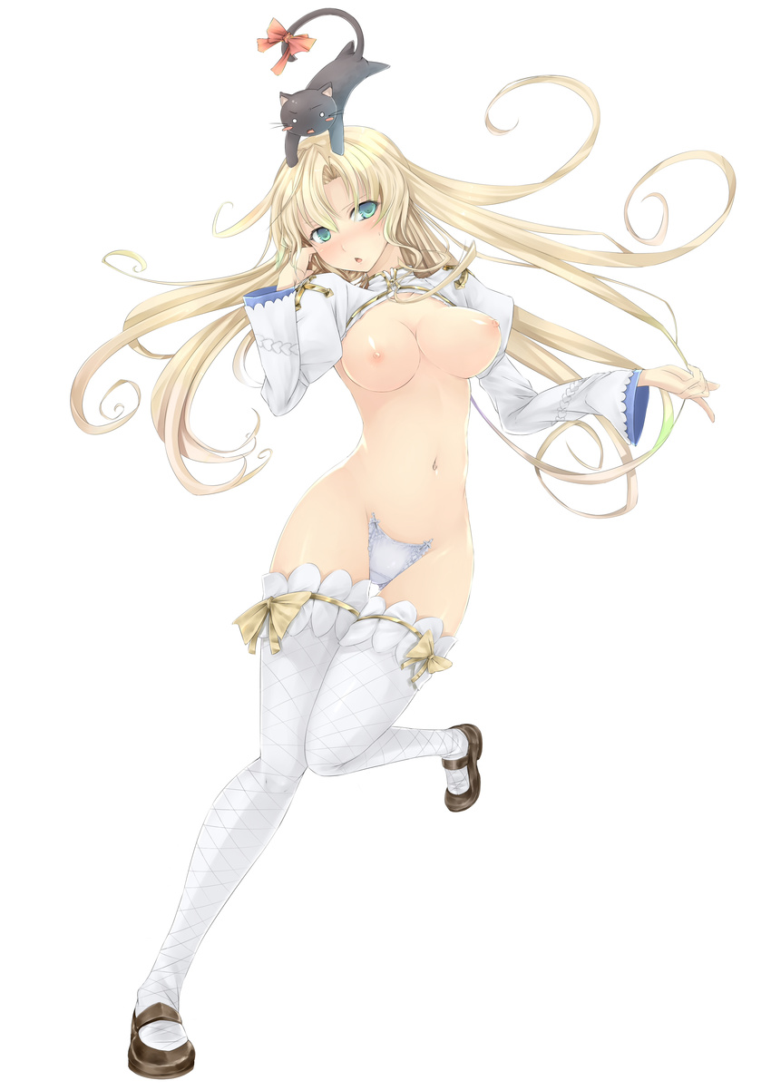 :o absurdres archbishop blonde_hair blue_eyes blush breasts cat cropped_jacket groin highres large_breasts long_hair navel nipples object_on_head open_mouth ragnarok_online simple_background solo standing standing_on_one_leg strapless_bottom thighhighs underwear vicsen-u5 white_background white_legwear