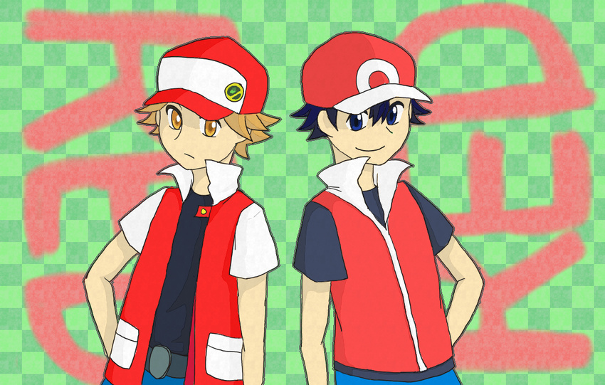 bad_id bad_pixiv_id blue_eyes blue_hair brown_eyes brown_hair character_name checkered checkered_background cosplay costume_switch crossover dual_persona male_focus multiple_boys pokemon pokemon_(game) pokemon_frlg pokemon_rgby red_(pokemon) red_(pokemon_frlg) red_(pokemon_frlg)_(cosplay) red_(pokemon_rgby) red_(pokemon_rgby)_(cosplay)