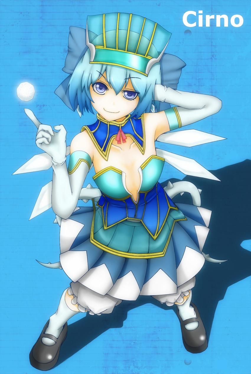 bare_shoulders bloomers blue blue_eyes blue_hair blue_rose_(tiger_&amp;_bunny) blue_rose_(tiger_&amp;_bunny)_(cosplay) breasts cirno cleavage cosplay dress elbow_gloves gloves gradient_hair hand_in_hair highres ice k23 mary_janes medium_breasts multicolored_hair oversized_breast_cup raised_eyebrow shoes short_hair skirt solo superhero tiger_&amp;_bunny touhou underwear uneven_eyes wings