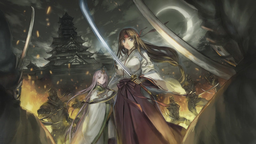 artist_request breasts character_request fire headband highres japanese_clothes large_breasts long_hair moon multiple_girls ninja official_art protecting queen's_blade surrounded sword tomoe weapon