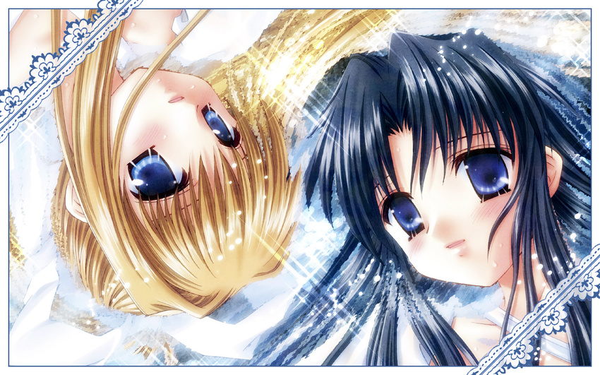 air black_hair blonde_hair blue_eyes highres kamio_misuzu kawana_misaki long_hair multiple_girls one ponytail sato-pon