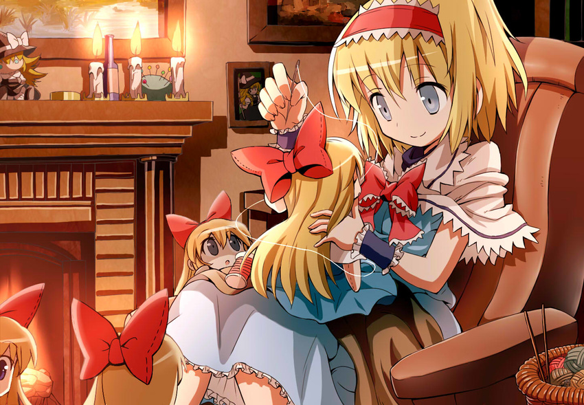 alice_margatroid blonde_hair blue_eyes bottle bow bowtie braid broom candle capelet chair character_doll doll fireplace givuchoko hair_bow hairband hat hat_bow holding_needle kirisame_marisa long_hair needle photo_(object) pincushion pins sewing shanghai_doll short_hair single_braid sitting smile solo spool touhou when_you_see_it witch_hat wrist_cuffs yarn yarn_ball