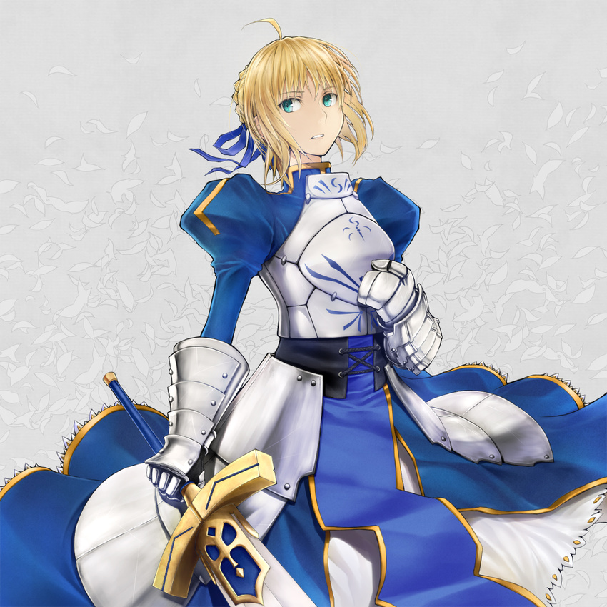 ahoge armor armored_dress artoria_pendragon_(all) blonde_hair blue_ribbon dress excalibur fate/stay_night fate/zero fate_(series) gauntlets green_eyes hair_ribbon niou_kaoru petals ribbon saber solo sword weapon