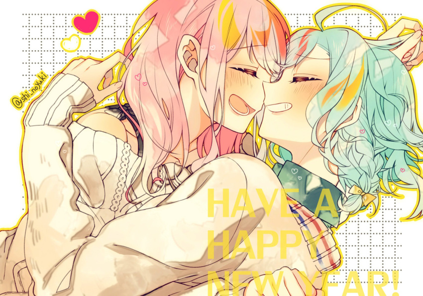 2girls ahoge aqua_hair bang_dream! bangs blush bow clenched_hands commentary_request english_text eyes_closed face-to-face grid_background grin hair_bow happy_new_year heart highres hikawa_hina hug long_sleeves maruyama_aya medium_hair multiple_girls new_year open_mouth pink_hair shino_yuki short_hair side_braids smile sweater twitter_username upper_body white_sweater yellow_bow yellow_outline yuri
