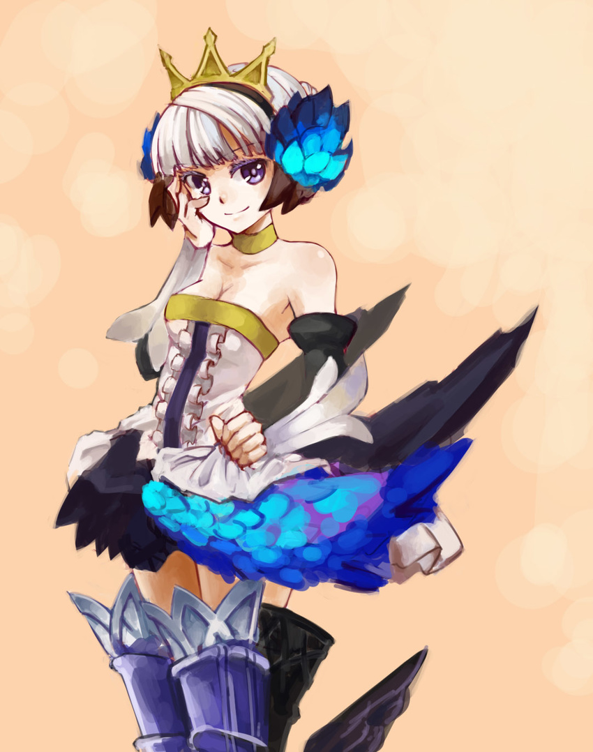 armor armored_dress bare_shoulders boots breasts choker cleavage crown dress elbow_gloves gloves gwendolyn hair_ornament hand_on_own_face highres non-web_source odin_sphere pas_(paxiti) purple_eyes short_hair small_breasts solo strapless strapless_dress thigh_boots thighhighs white_hair wings