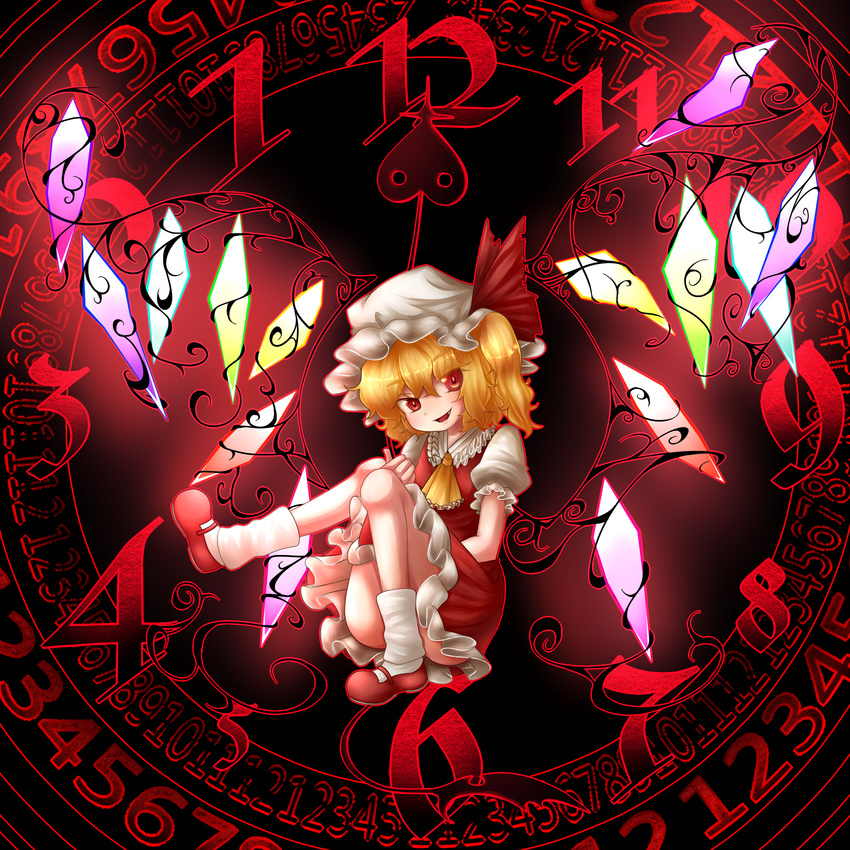 ascot blonde_hair clock crossed_legs flandre_scarlet hat highres hijiri_(xxhizirixx) red_eyes side_ponytail sitting smile solo touhou wings