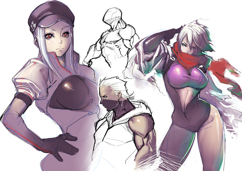 asymmetrical_clothes asymmetrical_legwear azure_(yatagarasu) bodysuit breasts center_opening collage concept_art elbow_gloves gloves green_eyes hand_on_hip hat hattori_hanzo_uruka heterochromia large_breasts multiple_girls muscle nene_(yatagarasu) ninja red_eyes scarf silver_hair tomoyuki_kotani yatagarasu_(game)