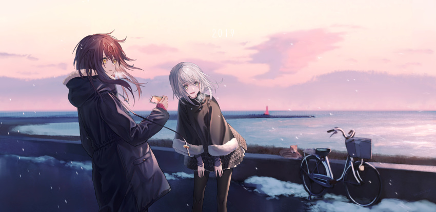 2019 2girls :d absurdres bicycle black_coat black_legwear black_skirt breath brown_eyes brown_hair cellphone cloud commentary_request day drawstring fur-trimmed_sleeves fur_trim ground_vehicle haizome_senri highres holding holding_phone hood hood_down hooded_coat horizon legs_apart lighthouse long_hair long_sleeves looking_to_the_side miniskirt multiple_girls ocean open_mouth original outdoors pantyhose phone pink_sweater shore short_hair silver_hair skirt sky sleeves_past_wrists smartphone smile snowing standing sweater water wide_shot winter_clothes yellow_eyes