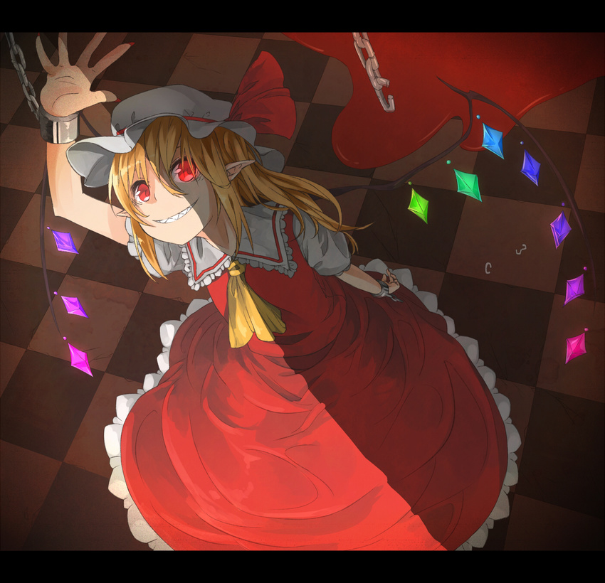 bad_id bad_pixiv_id blonde_hair blood chain chained checkered checkered_floor fingernails flandre_scarlet glowing glowing_eyes grin hat highres ibuki_notsu letterboxed long_hair nail_polish pointy_ears red_eyes sharp_teeth side_ponytail smile solo teeth touhou vampire wings