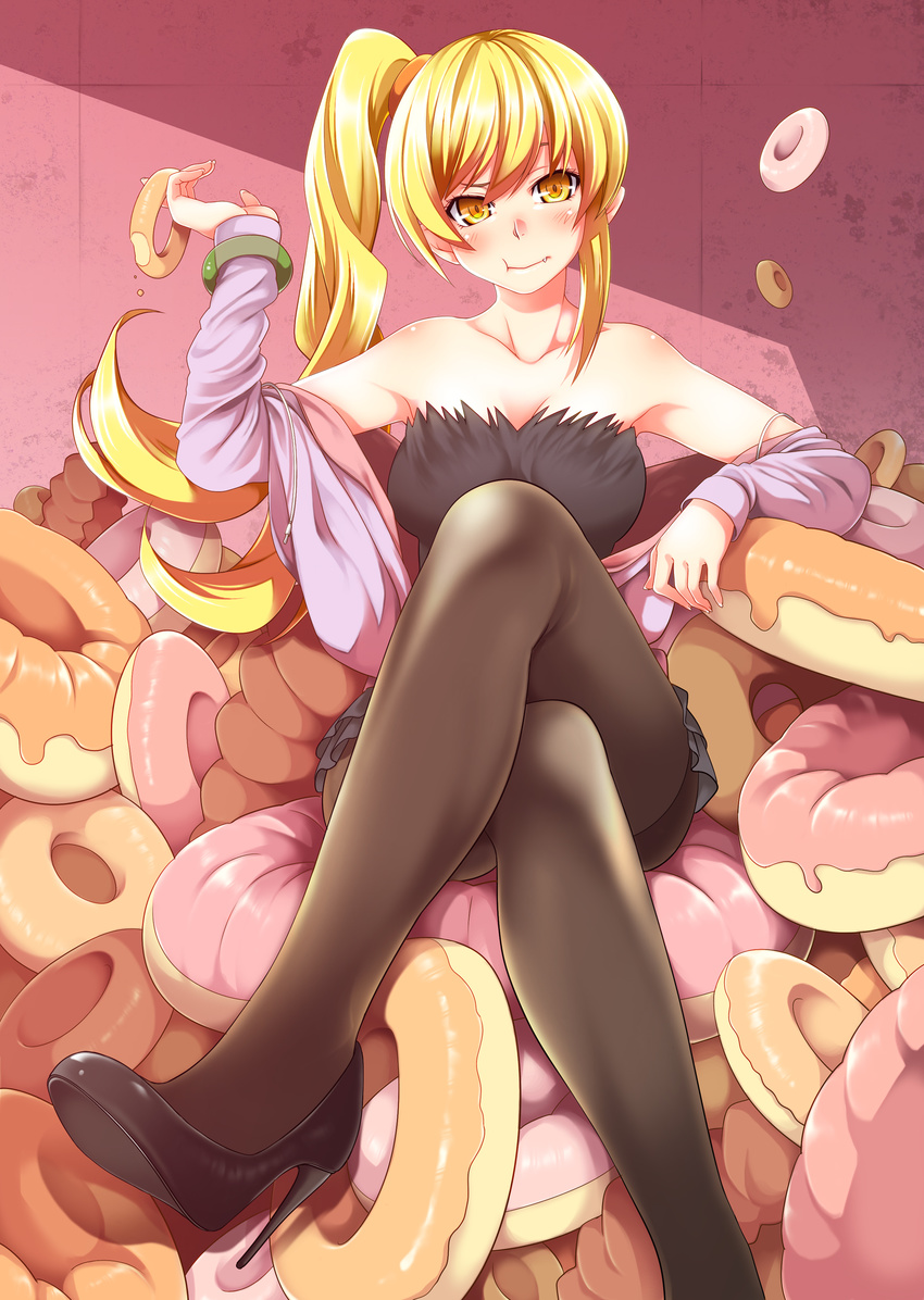 bakemonogatari bare_shoulders blonde_hair breasts brown_legwear crossed_legs detached_sleeves doughnut fang food high_heels highres holding kiss-shot_acerola-orion_heart-under-blade long_hair monogatari_(series) nisemonogatari older oshino_shinobu pantyhose red_eyes shoes side_ponytail sitting small_breasts solo teenage uousa-ou yellow_eyes